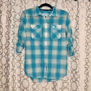 Super Dry Turquoise and White Plaid Shirt
